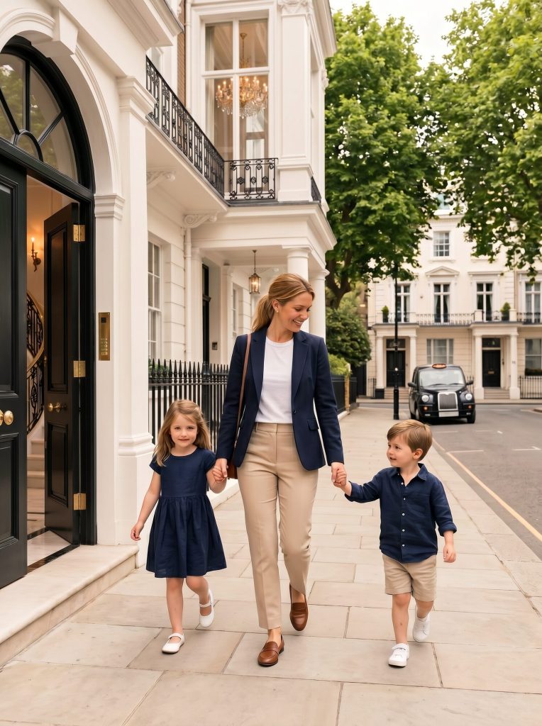 A nanny leaving an elegant London townhouse holding hands with two young children