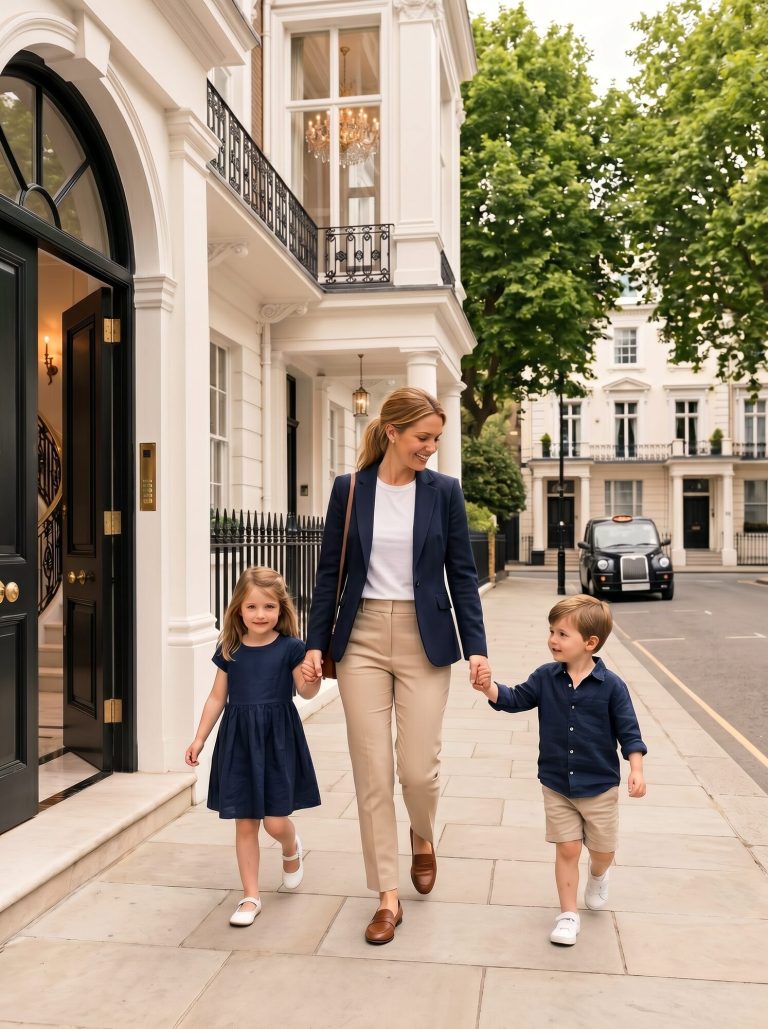 A nanny leaving an elegant London townhouse holding hands with two young children